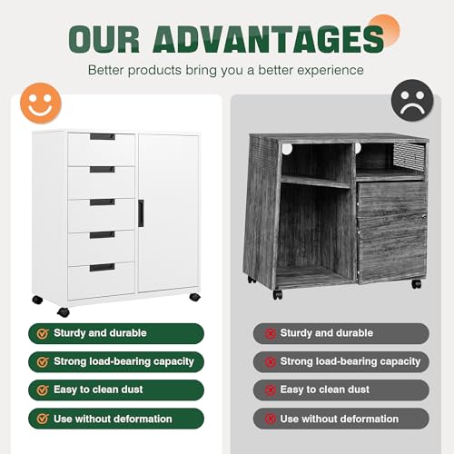 Letaya 5 Drawer Storage Cabinet, Mobile Printer Stand for Home Office,Dresser Chest with Shelves and Door(White) - Image 5