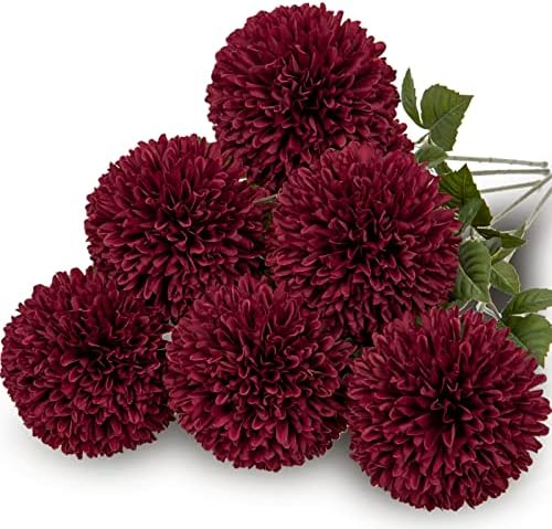 Briful 6PCS Artificial Chrysanthemum Flowers 4’’ Large Heads Silk Mums Fake Ball Shape Flowers Faux Ball Shape Flowers Spring Hydrangea Flower for Home Wedding Indoor Decor,Burgundy