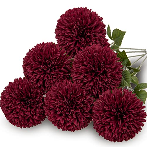 Briful 6Pcs Artificial Chrysanthemum Flowers 4’’ Large Heads Silk Mums Fake Ball Shape Flowers Faux Ball Shape Flowers Spring Hydrangea Flower For Home Wedding Indoor Decor,Burgundy #TOP19