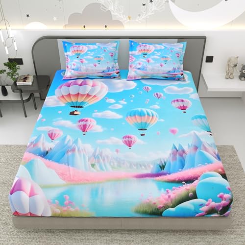Image of Dream Weaverz 7D Bedsheet for Double Bed King Size with 2 Pillow Covers | Digital Printed & Fitted Elastic for Kids | Soft Glaze Cotton Feel | Fits Upto 12 Inch Mattress (Air Ballon)
