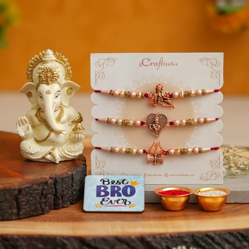 Image of eCraftIndia Set of 3 Designer Rakhi for Brother with Best Bro Ever Fridge Magnet & Lord Ganesha Showpiece | Premium Raksha Bandhan Gift Set with Roli Chawal