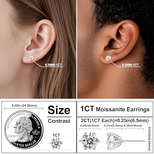 Moissanite Stud Earrings, VVSI Clarity Round Cut Lab Created Mossanite 18K White Gold Plated 925 Sterling Silver Earrings Studs for Women Men4