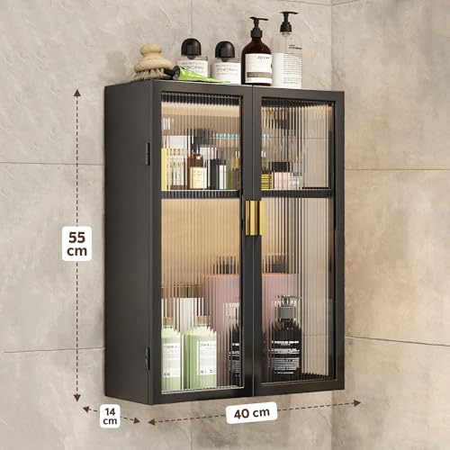 Image of MIORAH Bathroom Storage Cabinet | Bathroom Accessories Set, Washroom Organiser Cabinet | 2 Layer, Space Saving Carbon Steel Shelf, Black, 40 Cm, Pack of 1