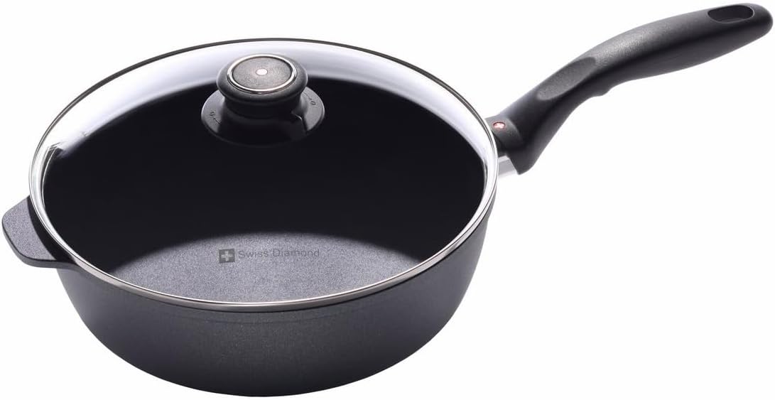 Swiss Diamond Nonstick Saute Pan with Lid, Diamond Coated Aluminum Deep Saute Pan with Lid, Dishwasher & Oven Safe Up To 500 °F, 9.5 Inch, 3.2 Quart