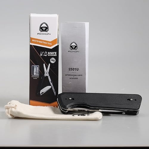 Miniatura 8 de Roxon S501U G10 Tijeras de bolsillo plegables y hoja de cuchillo reemplazable con clip para cinturón, multiherramienta 2 en 1 para exteriores,