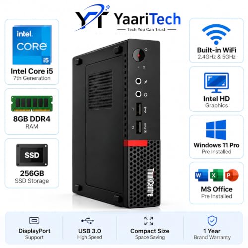 Image of ThinkCentre Tiny PC | Core i5-7th Gᥱneration, 8GB RAM, 256GB SSD | Build in WiFi HD Graphics | DP, Windows 11 Pro, MS Office (1 Year Brand Warranty)