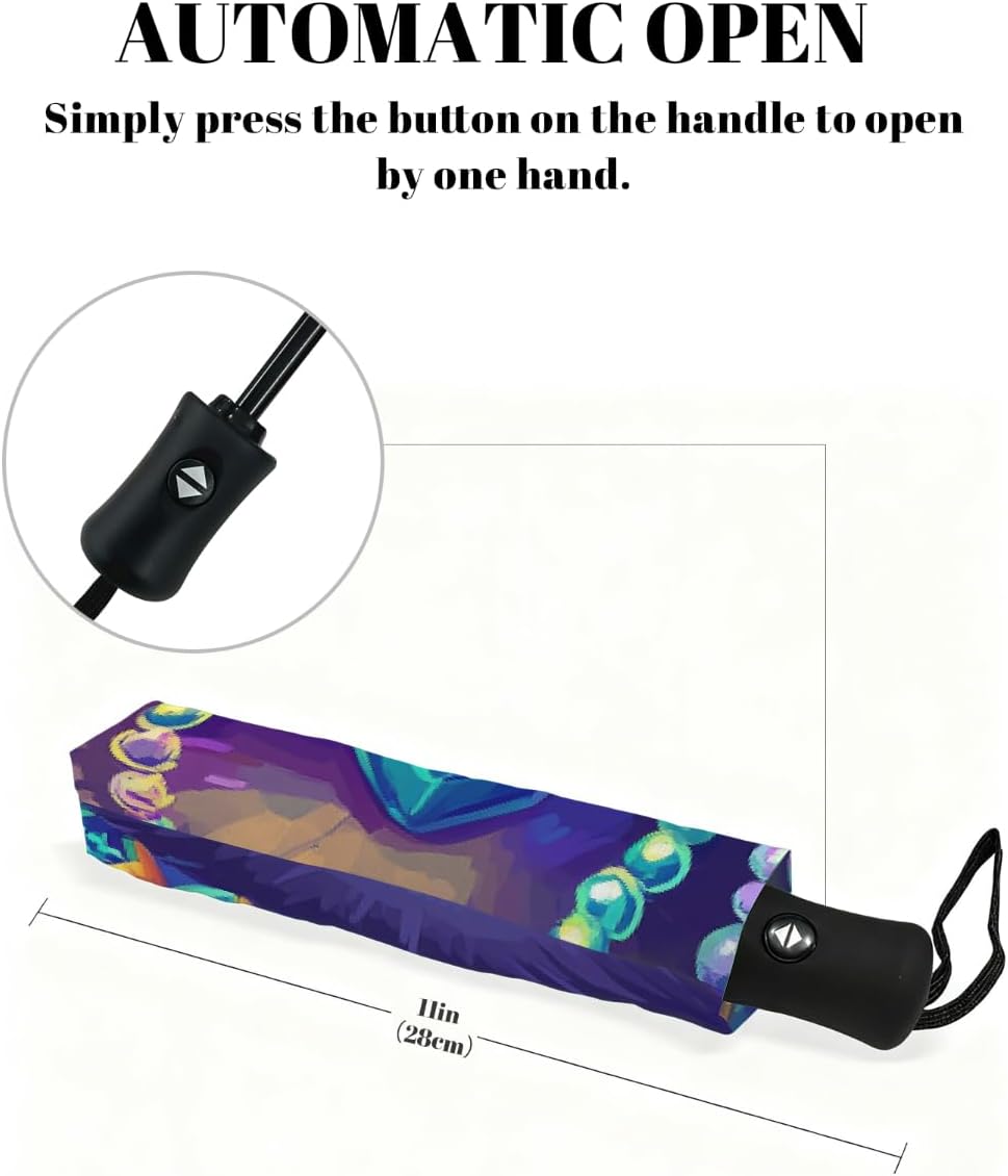 Cute Cartoon Cat Mardi Gras Folding Umbrella Windproof Compact Lightweight Travel Umbrella with 8 Reinforced Ribs, Portable UV Sun & Rain Protection for Men & Women