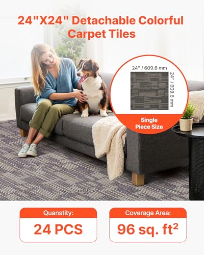 Image of VEVOR Carpet Tiles Reusable 24x24 inch, 24 PCS Modular Carpet Square Rug, Commercial Floor Soft Padded for Seamless Cover 96sq.ft, Easy DIY for Living Room Bedroom Office Indoor,Gray & Brown