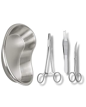 ALEXERA Surgical Instrument CE Needle Holder, Adsion Forceps, Scissor with Kidney Tray 8" | Suture Set & Kidney Tray (Kidney Tray with Suturing Set), Stainless Steel
