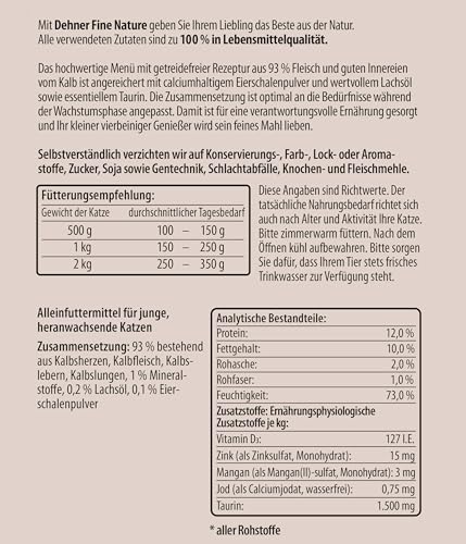 Dehner Fine Nature Katzenfutter Kitten, Nassfutter getreidefrei, für junge Katzen, Kalb, 6 x 400 g Dose (2.4 kg)