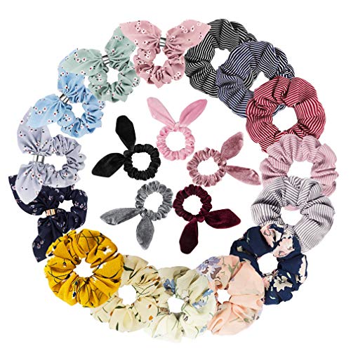 TOBATOBA 20 Pcs Hair Scrunchies for Women Chiffon Scrunchies for Hair Velvet Silk Satin Chiffon Hair Scarves Elastic Ties Bands Ropes Cute Bunny Ear Ponytail Holder for Women,3 Style