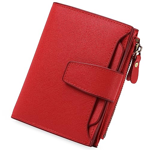 Image of GOIACII RFID Secure Wallet for Women Small Card Holder Leather Red | Trifold Billfold, Cross Grain Leather, Compact Size, 4 ID Windows, 12 Card Slots, 1 Zipper Coin Pocket, Minimalist