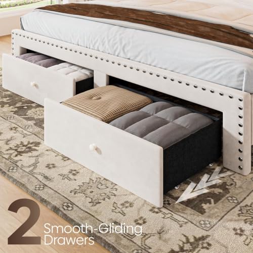 Image of Queen Bed Frame with 2 Storage Drawers, Velvet Upholstered Platform Bed Frame Queen Size with Charging Station, Wooden Slats Support, Noise-Free, No Box Spring Needed, Easy Assembly, White