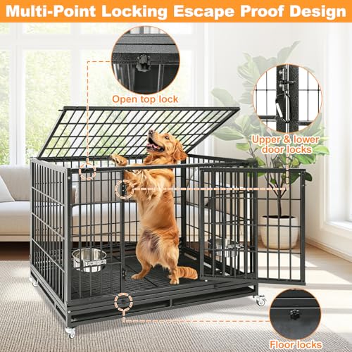 Homey Pet Large Dog Crates for Large Dogs, 47 Inch Heavy Duty Stackable Dog Cage with 2 Bowls, 4 Wheels, Double Removable Trays and Grids, Escape Proof Metal Wire Dogs Kennel Indoor by Homey Pet - Image 3