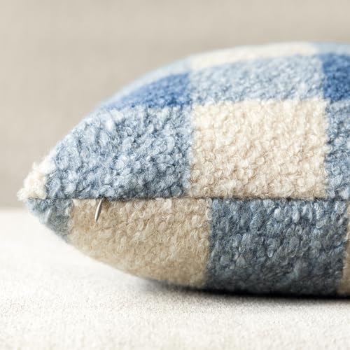 Image of Foindtower Pack of 2 Soft Faux Fur Boucle Throw Decorative Pillow Covers Fuzzy Accent Check Cushion Sherpa Boho Farmhouse Pillowcase for Couch Sofa Bed Living Room Home Decor 20x20 Inch,Dusty Blue