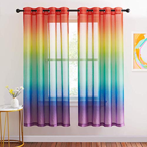 NICETOWN Colorful Curtains, Rainbow Ombre Sheer Curtains for Bedroom Girls Room Decor, Ombre Pattern Window Semi Sheer Curtains for Girly Nursery Kids Daughter Room (55 x 72 Inch Length, Set