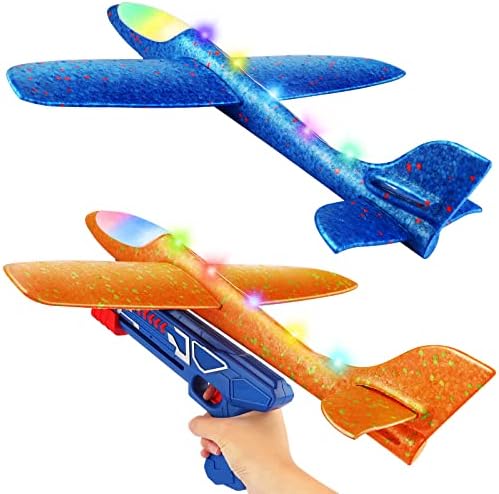 17.5" Large Airplane Toys with Launcher, 2 Flight Modes LED Light Foam Glider Planes, Outdoor Flying Toys for Kids Xmas Birthday Gifts for 4 5 6 7 8 9 10 Year Old Boys Girls (2 Pack)