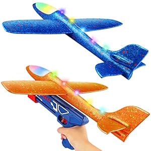 17.5″ Large Airplane Toys with Launcher, 2 Flight Modes LED Light Foam Glider Planes, Outdoor Flying Toys for Kids Xmas Birthday Gifts for 4 5 6 7 8 9 10 Year Old Boys Girls (2 Pack)