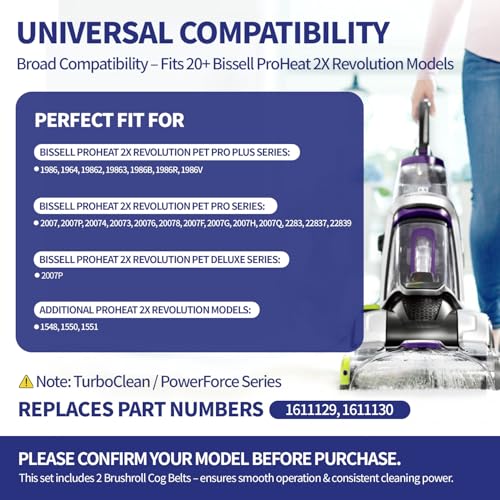 Image of Replacement Belt Set for Bissell ProHeat 2X Revolution Pet Pro Carpet Cleaner - Fits 1986, 1548, 1551, 2007, 1964, 2007P - Replaces 1611129, 1611130 - Includes Brush & Gear Belts (2-Pack)