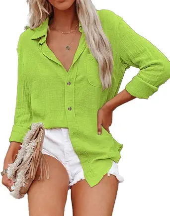 ZAAYO Women's Bamboo Cotton Linen V Neck Button Down Shirt Long/Roll Up Sleeve Casual Collared Work Blouse Top