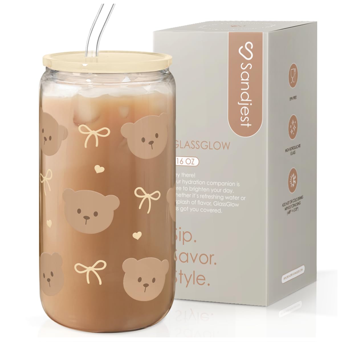 SANDJEST Bear Glass Can 16oz