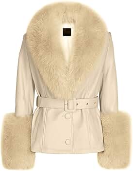 Denny&Dora Women Beige Real Fox Fur Collar Genuine Leather Coat