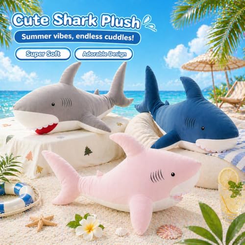 Image of MorisMos 39inch Giant Shark Stuffed Animal, Large Stuffed Shark Plush, Big Sharks Pillow Gift for Kids Girlfriend, Pink