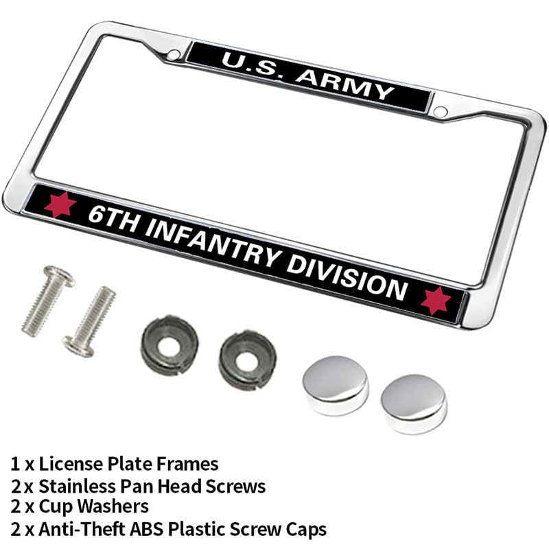 Image of US Army 6TH Infantry Division License Plate Frame Cover,Veteran US Army Pure Handmade Car Tag Plate Frame with Screws Caps Sets