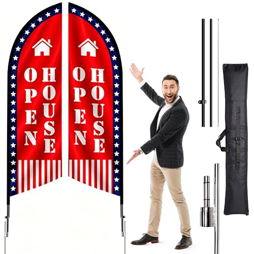 Upgraded Open House Signs for Real Estate Large Red Open House Feather Flag/Double-Sided Design / 9.3ft Tall Patriotic Open House Banner for Realtor Supplies with FlagPole Flag Ground Stake Bag