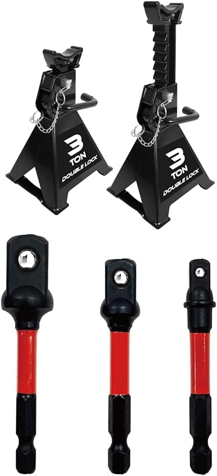 Bundle of Torin AT43005AB Steel Heavy Duty Jack Stands: Double Locking Pins, 3 Ton (6,000 lb) Capacity, Black, 1 Pair (2 Pack) + BHT-03ITSA01R-1 3-Piece Drive Impact Rated Torsion Socket Adaptor Set