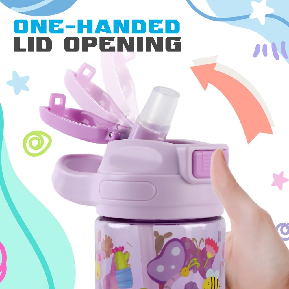 Gourde Enfant, 400ml, Robuste, Incassable, Anti Fuite, Sans BPA, Ouverture par Simple Pression, Facile à Nettoyer, avec Paille, Idéale pour l'École et l'Extérieur (Papillon) - 3