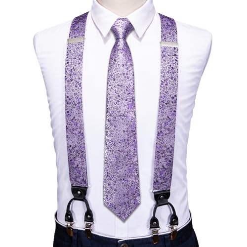 Image of Barry.Wang Men Suspender Set with Necktie Elastic Y Type Heavy Duty 6 Clips Braces Tie Handkerchief Cufflink Pin 6PCS