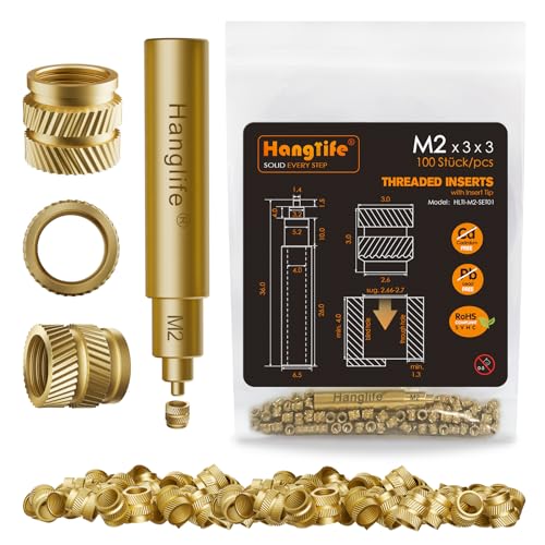 HANGLIFE M2 Insertos Roscados de Ajuste Térmico con Puntas Soldador, Insertos de Tuercas para Componentes de Impresión 3D y Piezas de Plástico - Tuercas Moleteadas Métricas de Latón (100 Piezas)