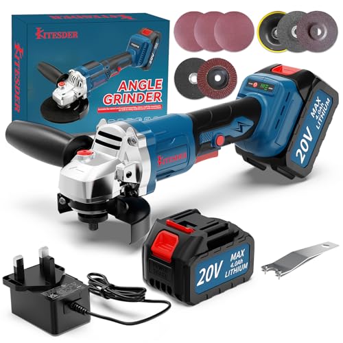 Image of KITESDER 20V Cordless Angle Grinder with 11,000 RPM, 30 mm Cutting Depth, and 5 Multifunctional Heads for Metal, Stone, and Ceramic (Upgraded Brushless Motor + Upgraded Battery (4.0AH))