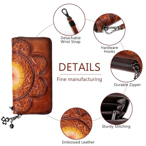 Image of Wallet Genuine Leather for Women - with RFID Blocking Card checkbook ID Slot Large Capacity Vintage style (sunflower brown)