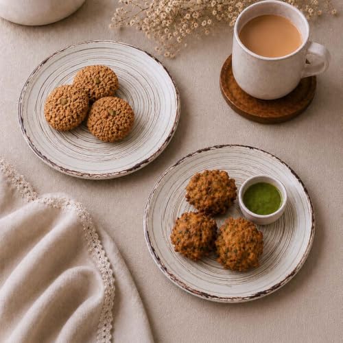 Image of The Earth Store Brown Spiral Ceramic Quarter Plate Set of 4 - 7.5 Inch Ceramic Plate | Microwave & Dishwasher Safe Ceramic Snack Plate | Small Plate for Snacks, Desserts & Appetizers