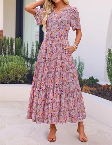 Image of ZESICA Women's 2026 Summer Spring Floral Boho Maxi Dresses Casual Short Sleeve V Neck A Line Flowy Beach Vacation Dress