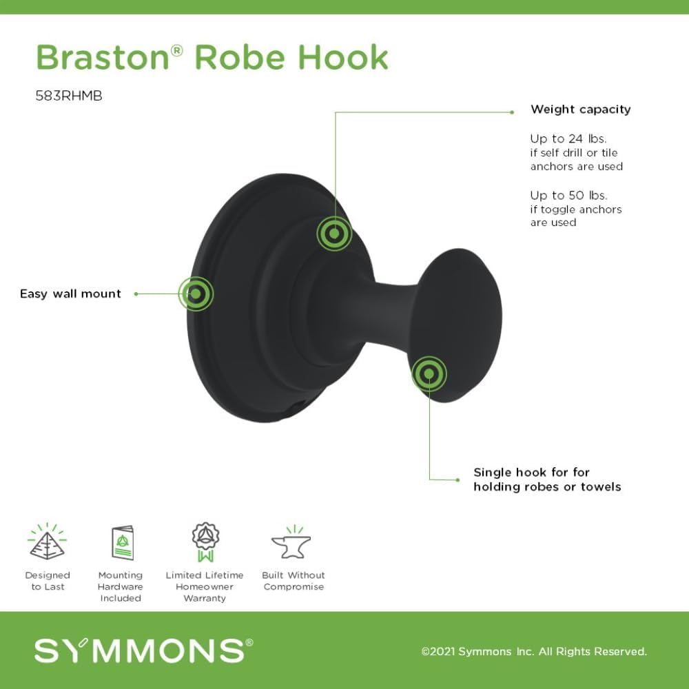Symmons Braston Wall Mounted Robe and Towel Hook in Matte Black - 583RHMB