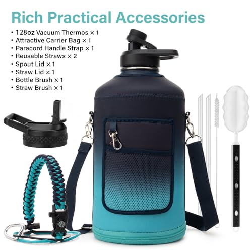 1 Gallon Water Bottle Insulated | Thickened Stainless Steel Vacuum Metal Water Jug | Portable Sports Large for Gym and Hiking with Straw, Carrier Bag, Handle Strap | BPA-Free 128 oz