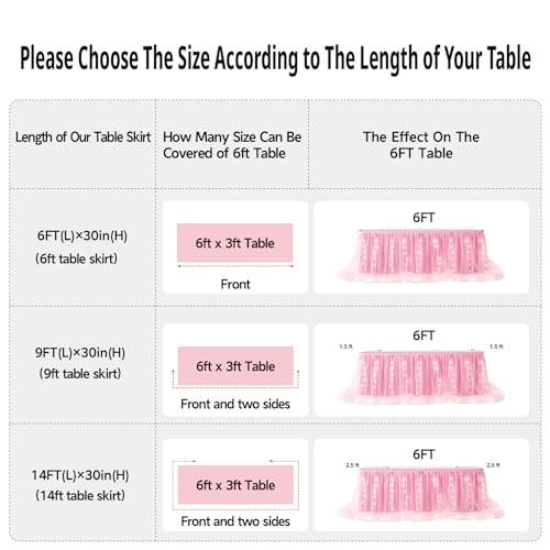 leegleri Pink Tulle Table Skirt for Baby Shower,14FT Pink Ruffle Tutu Table Skirt with LED Light for Princess Girls Birthday Party Cake Dessert Table Decorations