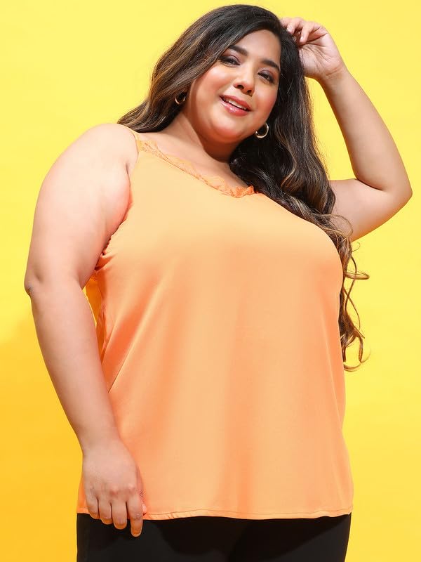 Image of oxolloxo Women Plus Size Soild V-Neck with Lace Detailed Sleeveless Strappy Top