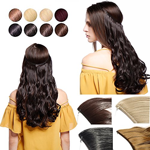 20" Long Straight Medium Brown Invisible String No Clip in Hair Extensions Fish Line Synthetic Hairpieces as Natural Hairpieces Heat Resistance for Women Girl