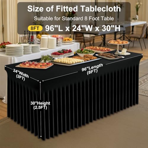 Image of Smiry Spandex Elastic Fitted Table Cloth Skirt for 8FT Rectangle Table | Stretch Washable Table Cloth, Banquet Table Cover for Wedding, Party, Indoor & Trade Shows, (Black, 96Lx24Wx30H)