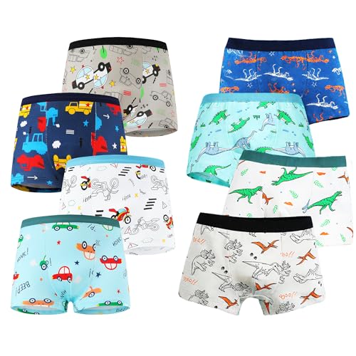 FILOWA Jungen Boxershorts Kinder 8 Pack Baumwolle Unterhosen Dinosaurier Fossil Auto Motorrad Muster Briefs Boxer Elastisch Unterwäsche Set Weich Underwear für Kleinkind 3-4 Jahre, Gr.104-110