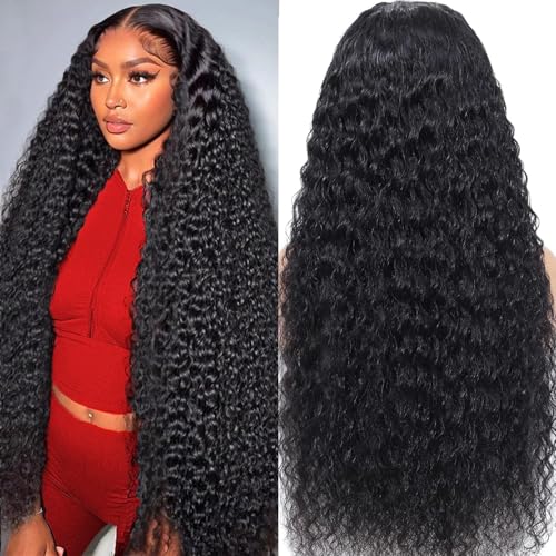 Hoyrhra 13x4 Deep Wave Lace Front Wigs Human Hair Pre Plucked 200 Density HD Transparent 13x4 Frontal Wigs Human Hair With Baby Hair Wet and Wavy Wigs Bleached Knots Curly Hair Wigs 32 Inch