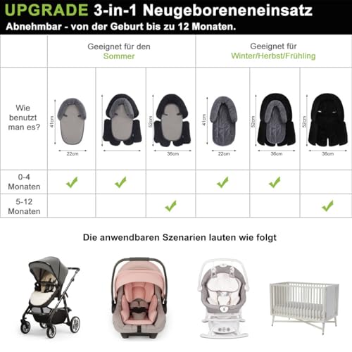 Upgrade 3-in-1 Baby Sitzverkleinerer für Alle Kinderwagen, Babyschale Einsatz und Körperstütze für Neugeborene, Säuglinge, Extraweiches Sitzeinlagenkissen​, Ideal für Alle Jahreszeiten, 53x33cm