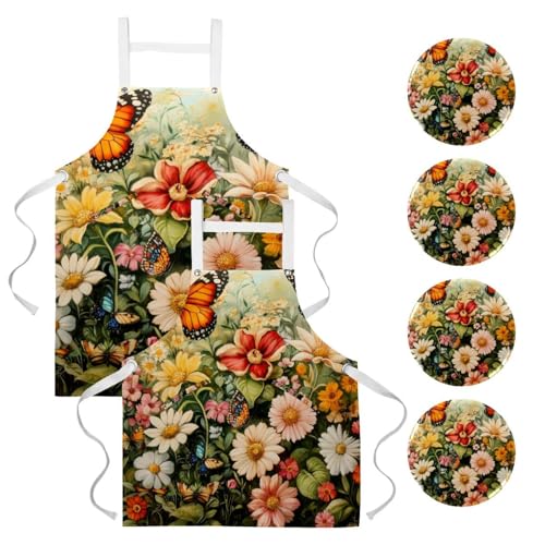 Tablier de cuisine pour pâtisserie lot de 2 anti-taches imprimé marguerites