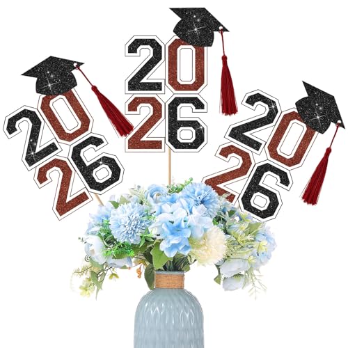 Image of 10 Pcs Graduation Table Centerpieces Sticks with Tassels, class of 2026 Grad Cap Picks Table Decoration Cupcake Toppers for Party Centerpiece Decoration Supplies(Black and Red)