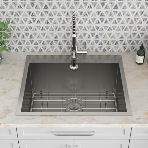 Image of Kichae 25 Laundry Sink with Faucet - 25x22 Drop In Utility Sink 12 inch Deep Topmount Single Bowl Stainless Steel Single Bowl Kitchen Sink Handmade Basin with Pull Down Faucet Combo
