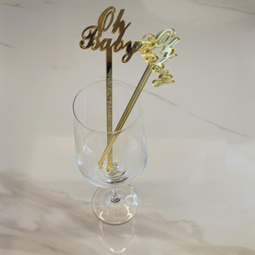 Set of 20 Oh Baby Drink Stirrers,Baby Shower Drink Stirrers,Cocktail Sticks Swizzle Stick Oh Baby Drink Stirrer Beverage Stirrer Gender Reveal Party Décor (Gold Mirror)